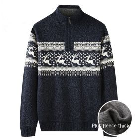 Thickening Fleece-lined Half-high Collar Knitted Sweater (Option: Plush Navy Blue-3XL)