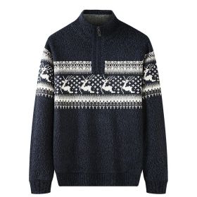 Thickening Fleece-lined Half-high Collar Knitted Sweater (Option: Navy Blue-XL)