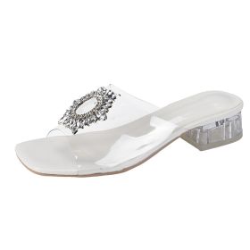 Women's Sandals New Korean Style Mid Heel Crystal Open Toe High Heel (Option: White-36)