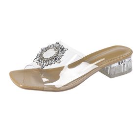 Women's Sandals New Korean Style Mid Heel Crystal Open Toe High Heel (Option: Apricot-36)